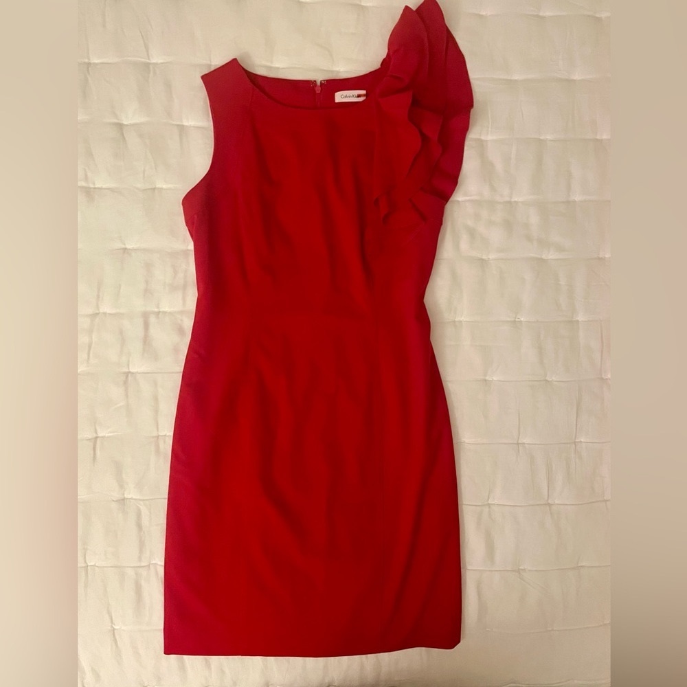 Calvin Klein red ruffle shoulder dress, size 8P